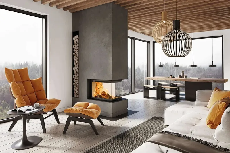 Foyer à bois Austroflamm 48x72x51 S3, installé dans une pièce
