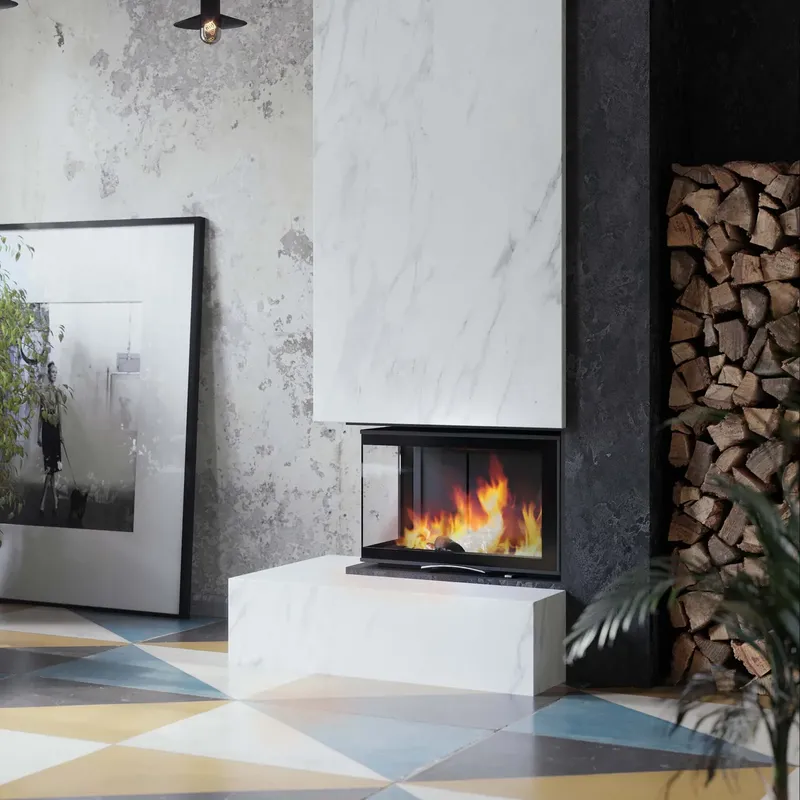 Foyer à bois Austroflamm 63x40x42 S 2.0, installé dans une pièce