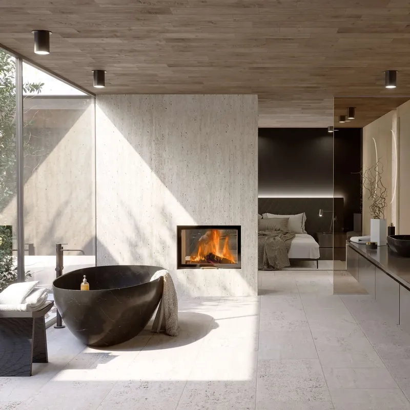 Foyer à bois Austroflamm 75x51 S II 2.0, installé dans une pièce