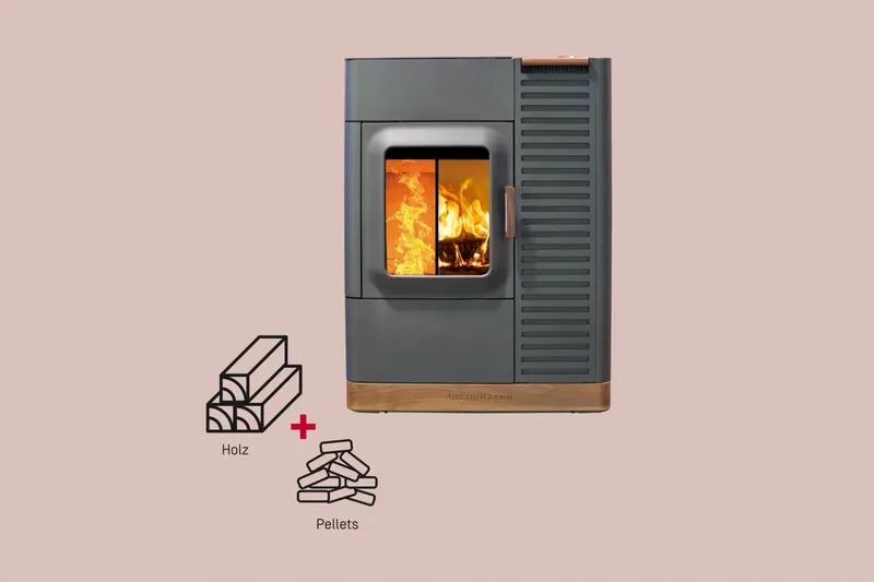Poêle hybride bois et pellets Austroflamm Mo Duo, installé dans une pièce