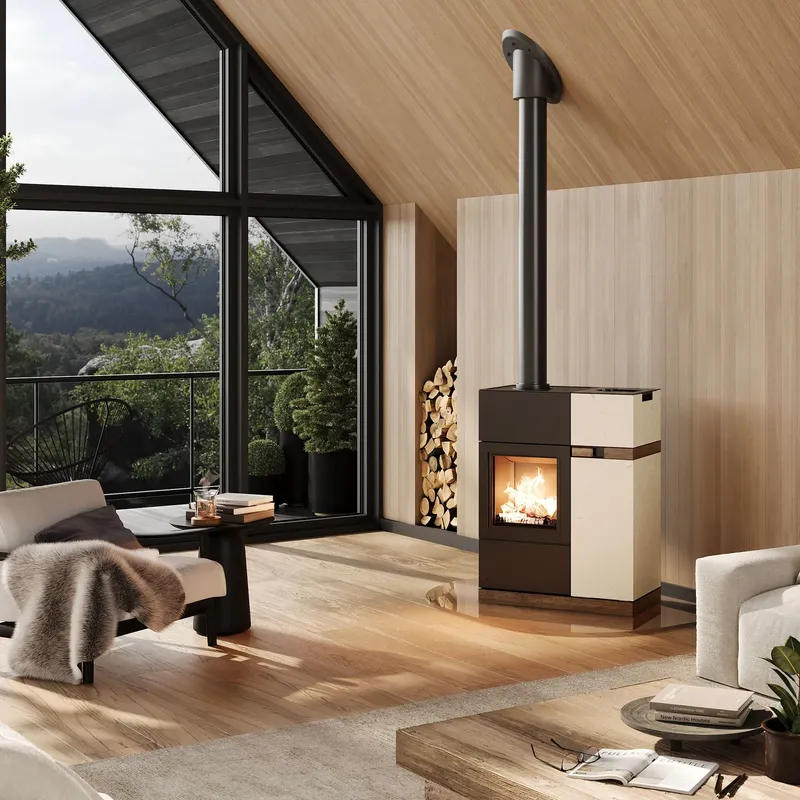 Poêle hybride bois et pellets Austroflamm Quadra Duo, installé dans une pièce