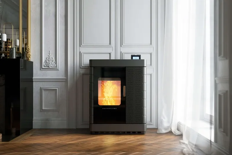 Poêle hybride bois et pellets Austroflamm Scotty Duo, installé dans une pièce