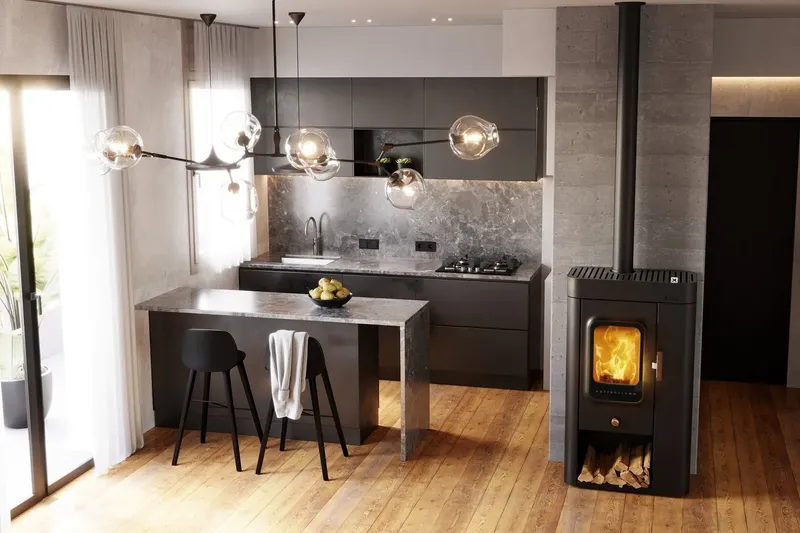Poêle à bois Austroflamm Sina Xtra, installé dans une pièce