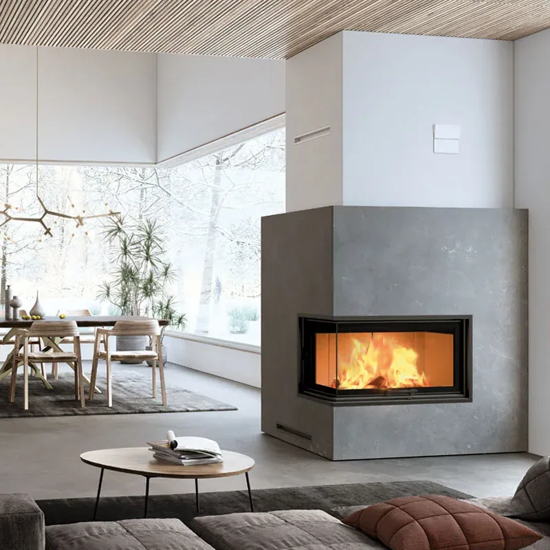 Foyer à bois Edilkamin Windo2 75 Evo R/L, installé dans un séjour