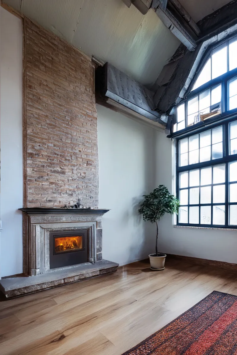 Foyer à bois Jidé Loft Plus encastré dans une ancienne cheminée en pierre, dans un loft aux grandes fenêtres