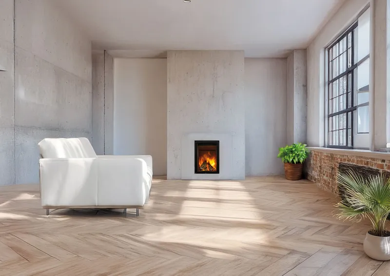 Foyer Jidé Loft Plus encastré dans un coffrage en béton, dans une pièce lumineuse au parquet en chevrons