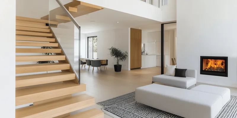 Insert Jidé Nordic Pro 90 encastré dans un mur blanc, dans un séjour ouvert avec escalier en bois