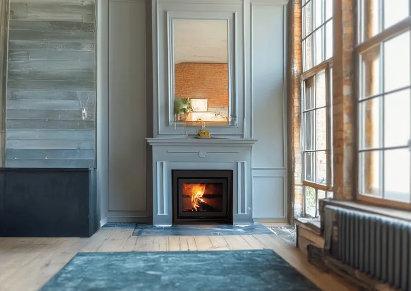 Insert Jidé Pure 67 encastré dans une cheminée à moulures gris-bleu, dans un loft aux grandes fenêtres
