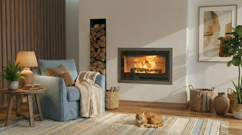 Insert à bois Saey Comfort Line II 100, encastré dans un mur de salon