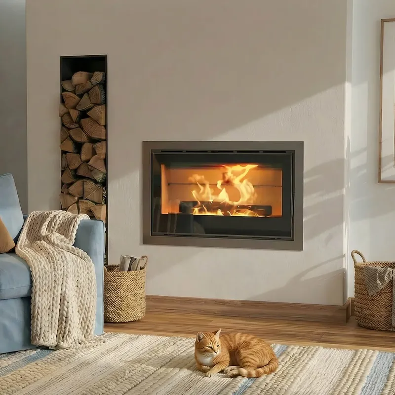 Insert à bois Saey Comfort Line II 100, encastré à côté d’un range-bûches
