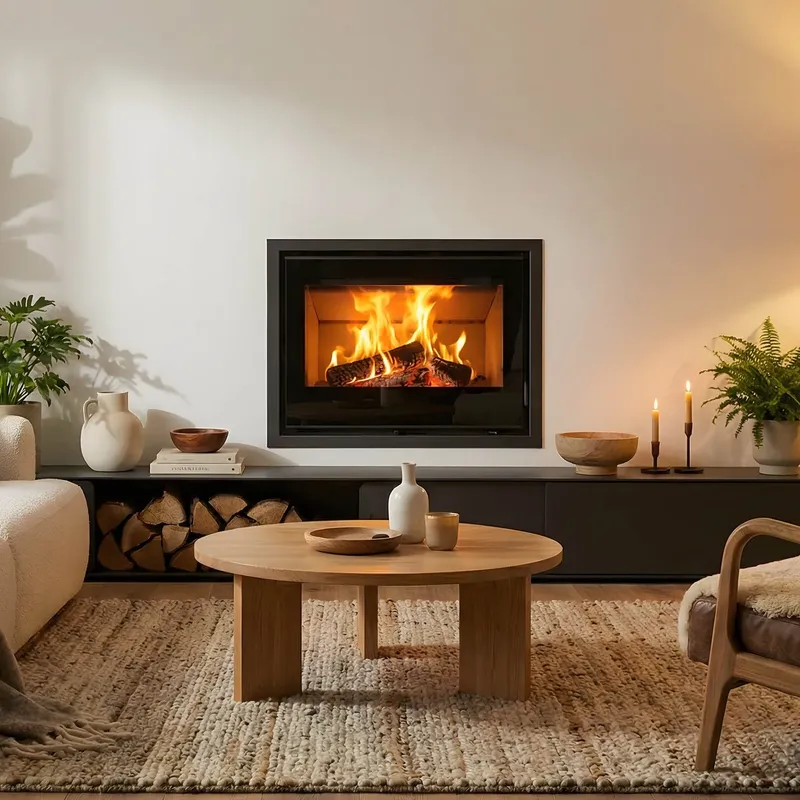 Insert à bois Saey Comfort Line II 80, encastré au-dessus d’un banc à bûches